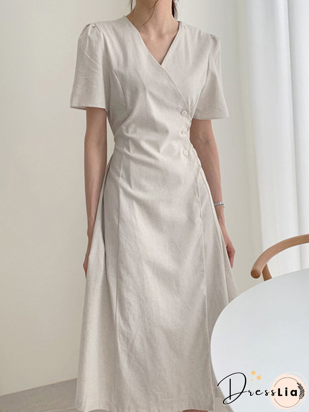 Solid Warp Button Front V-neck Short Sleeve Casual Dress