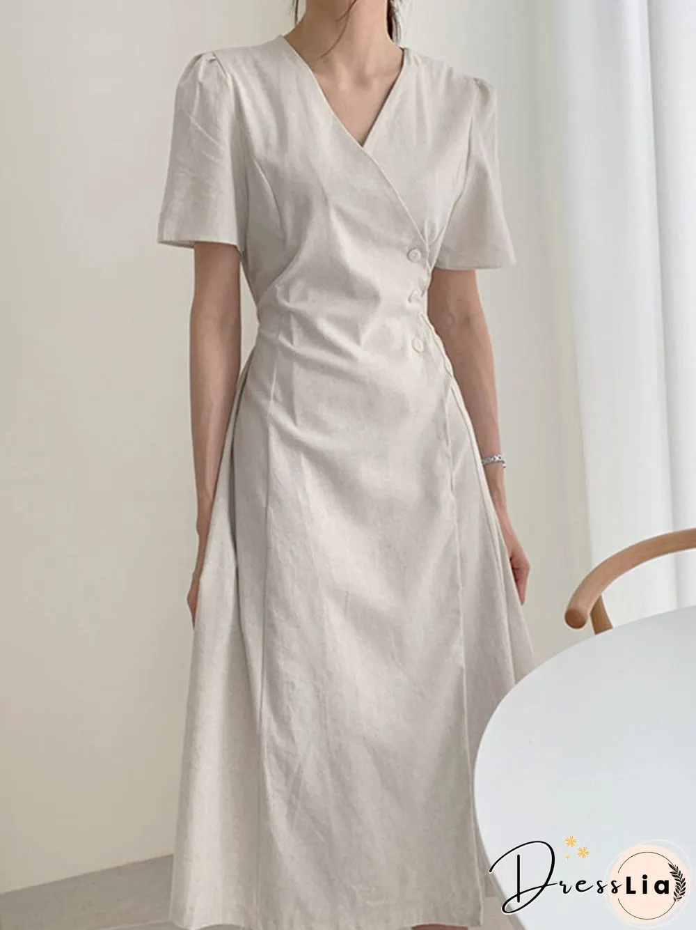 Solid Warp Button Front V-neck Short Sleeve Casual Dress