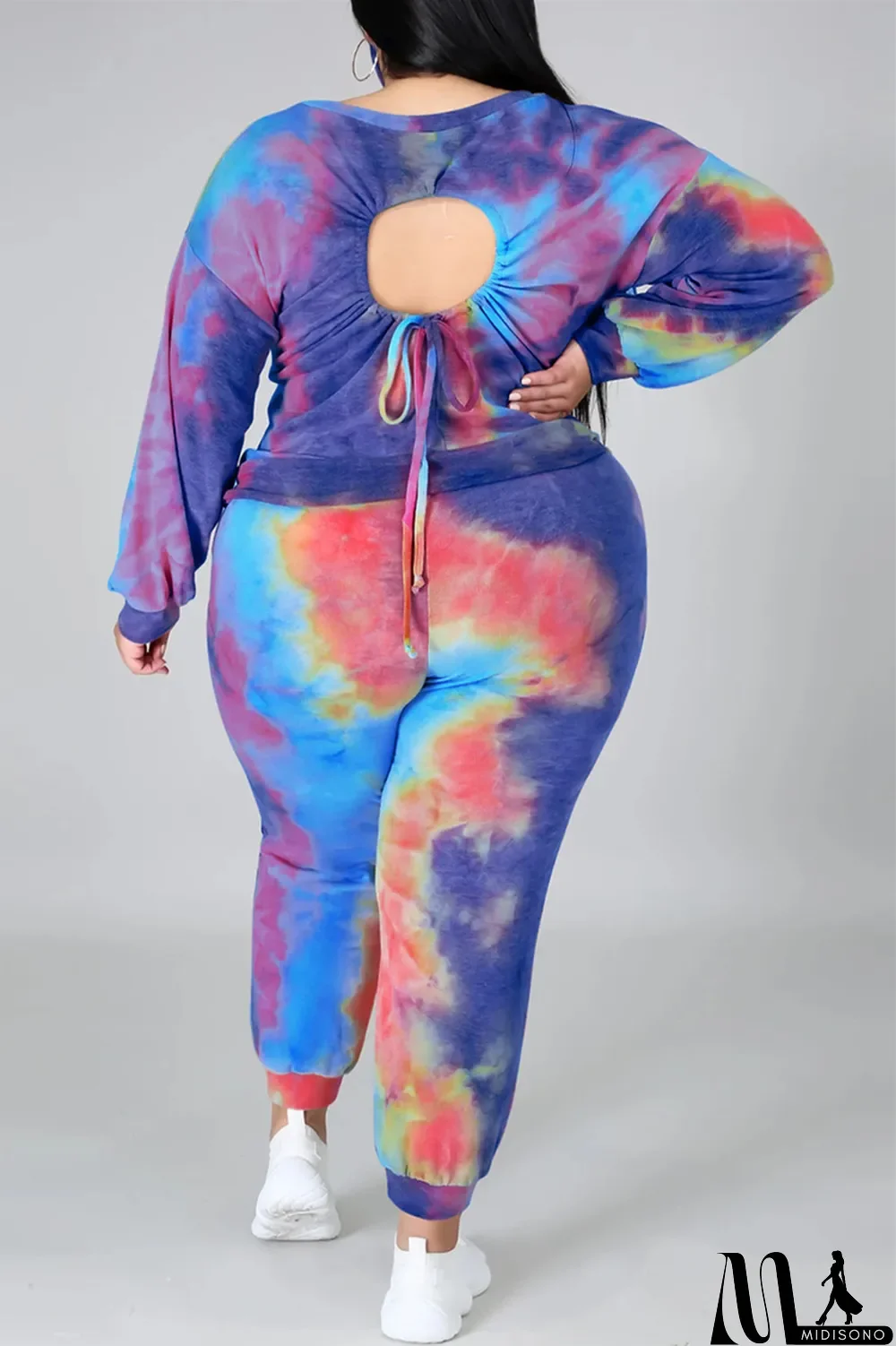 MidiSono - Multicolor Fashion Casual Print Tie Dye Backless O Neck Plus Size Two Pieces