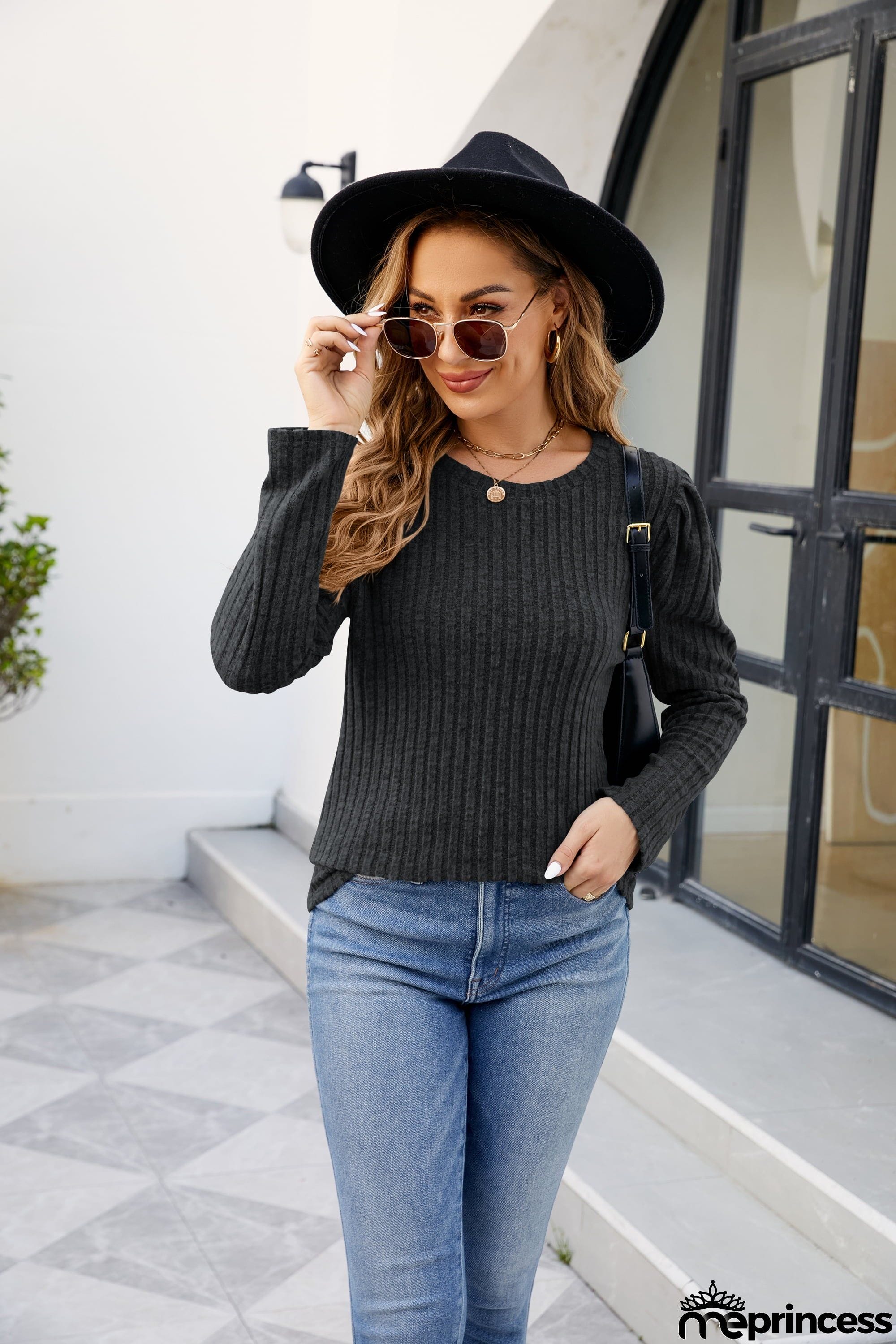 Round Neck Long Sleeve Ribbed Blouse