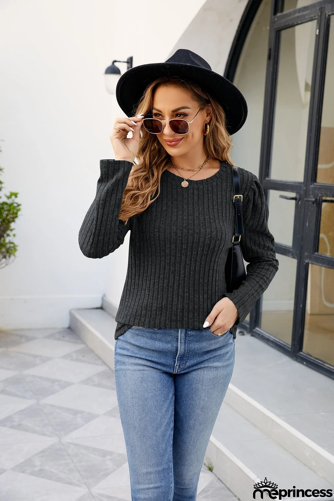 Round Neck Long Sleeve Ribbed Blouse