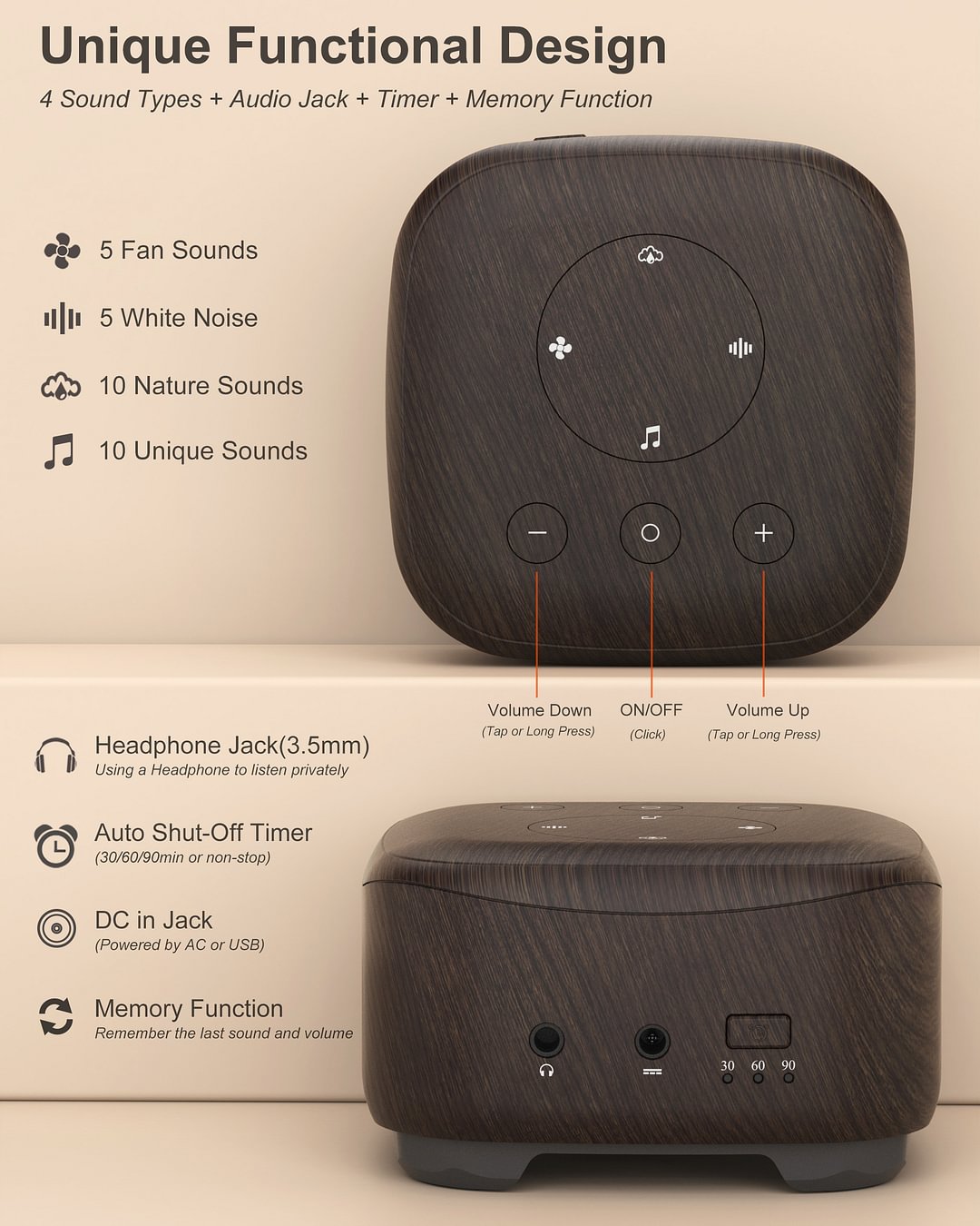 elesories S3-STD White Noise Sound Machine (Walnut Wood)