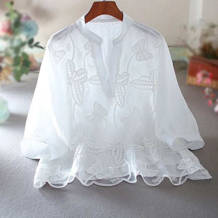 Women's Lace Shirt Hollow-out Embroidery V-neck Celebrity Shirt Top