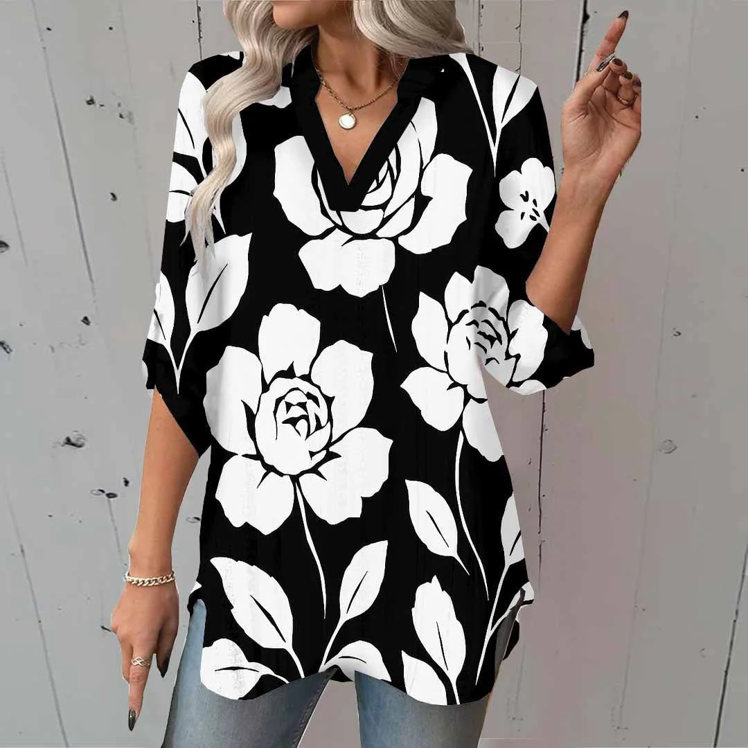 Women Floral, Black, White DZGA0149 3/4 Sleeve V-neck Printed Graphic Button Tops