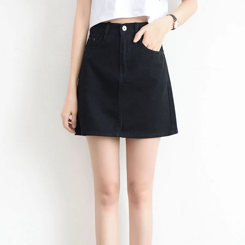 Woherb Spring And Summer 2024 Korean Fan Retro High Waist Show Thin Package Hip A-Line Denim Short Skirt Korean College Wind Solid Color Skirt-Outfit Ideas