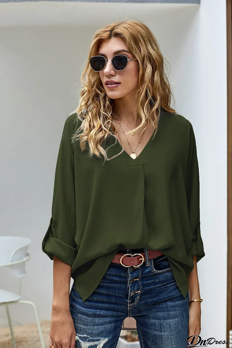 Elegant Army Green V Neck 3/4 Sleeve High Low Hem Blouse