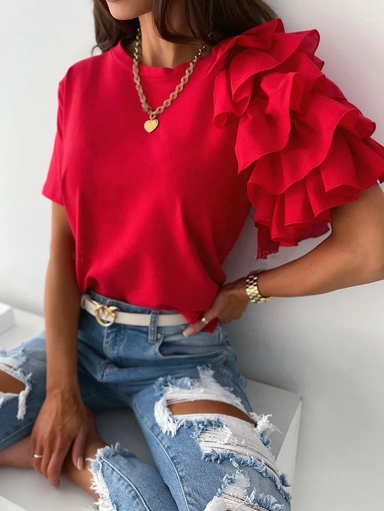 Fashion Solid Tiered Ruffle Short Sleeve Crew Neck T-shirt