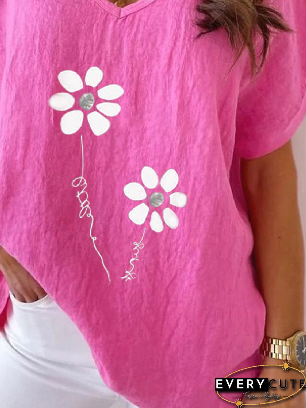 Casual Floral V Neck Loosen Short Sleeve Tops