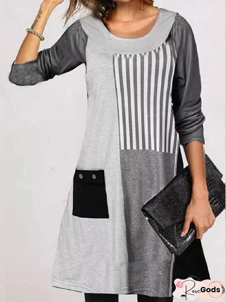 Crew Neck Long Sleeve Patchwork Casual Dresses