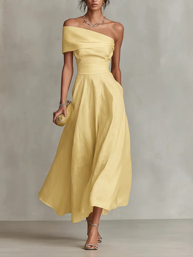 Elegant Yellow One-Shoulder Neckline Dress