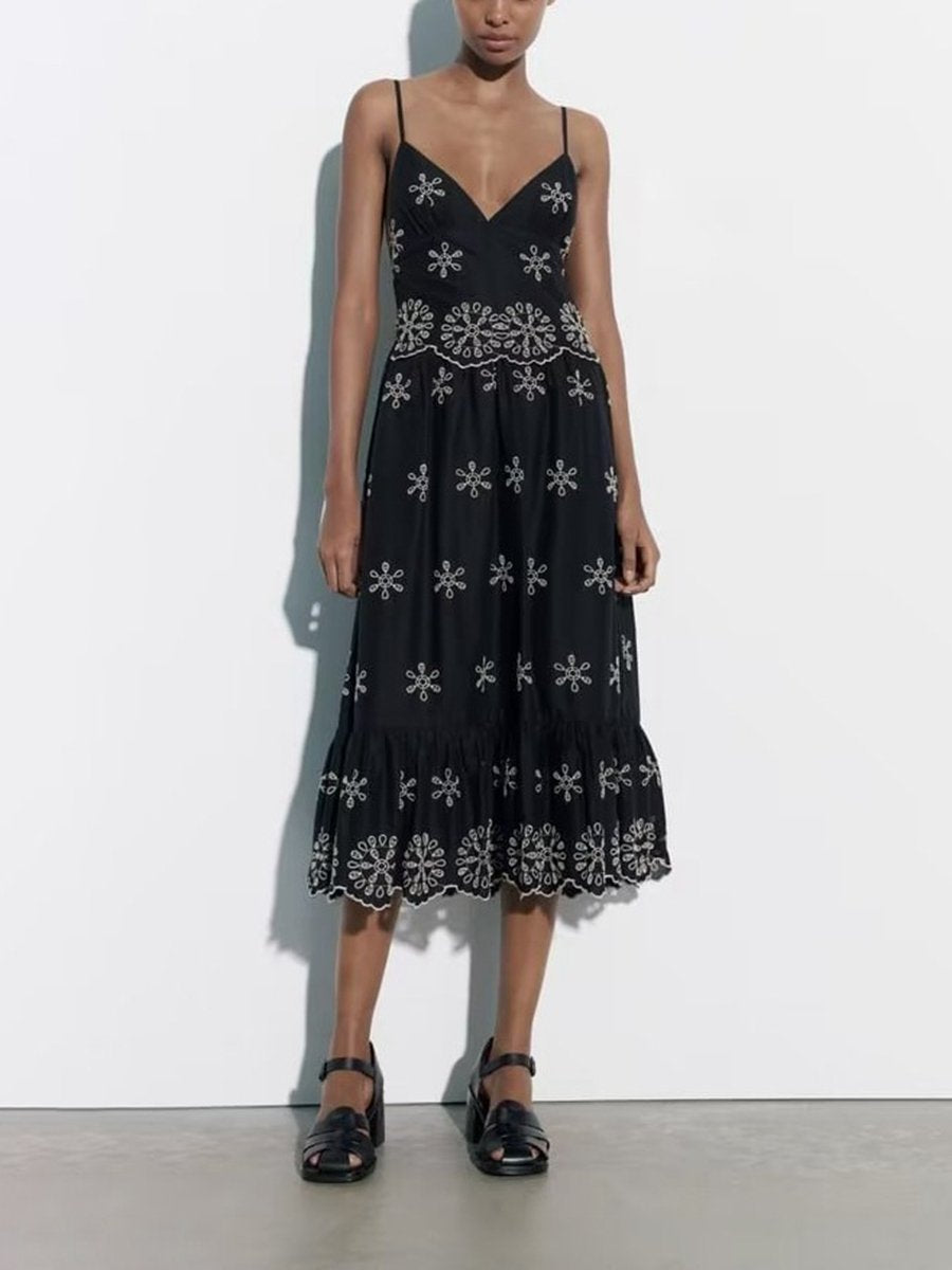 V Neck Flower Embroidery Midi Cami Dress