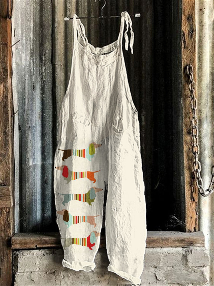 Lively Dachshund Print Linen Blend Casual Jumpsuit