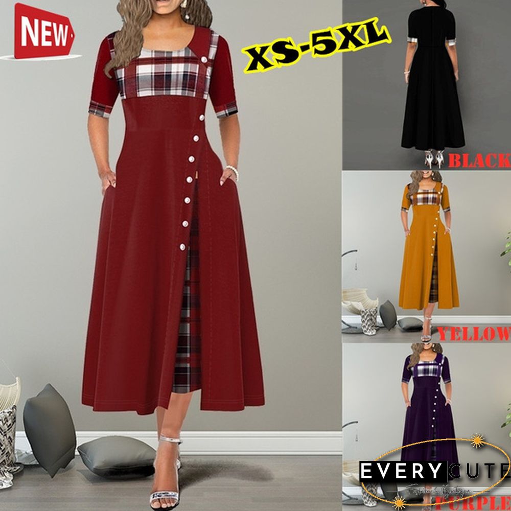 Women's Fashion Half Sleeve Elegant Long Dress Plaid Print Button Detail Maxi Dress Plus Size Xs-5Xl