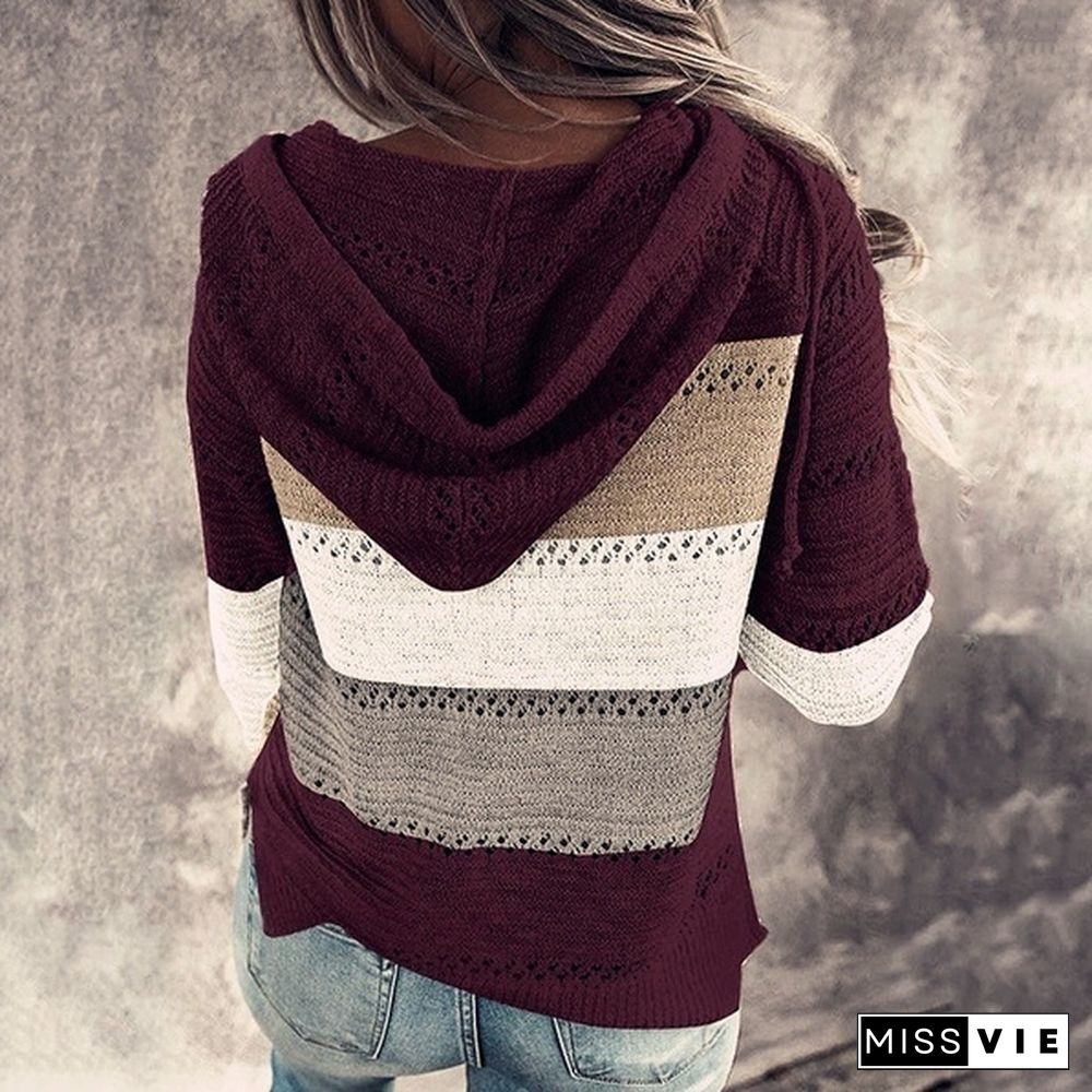 New Fashion Stitching V-neck Hooded Sweaters for Women Autumn Hollow-out Knitted Sweater Color Block Pullover Hoodies Coat
