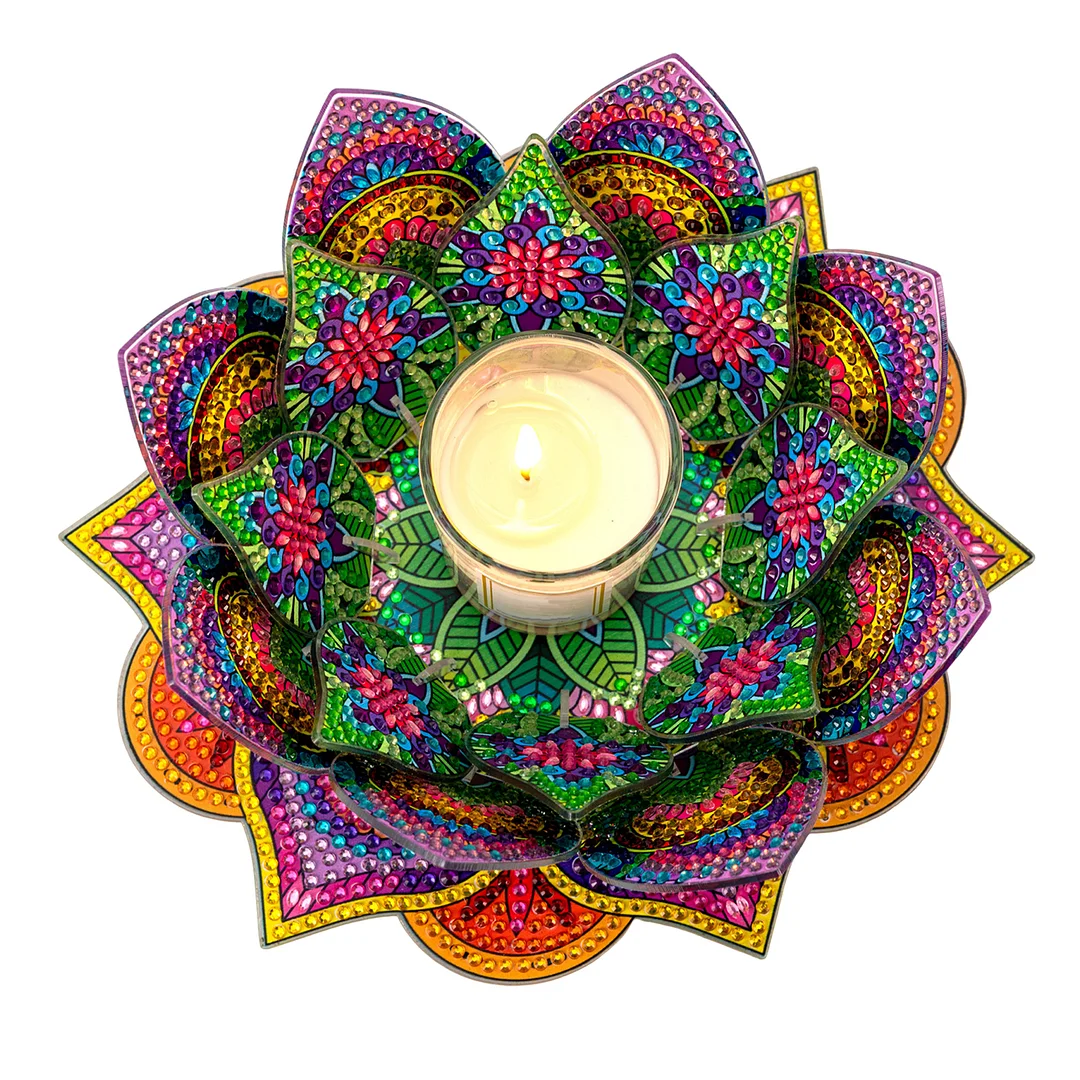 5D DIY Diamond Art Painting DIY Acrylic Desktop Ornament Flower Candle Holders Tealight Handmade Home Office Decor for Adults Beginners ( Purple and Yellow Lotus)