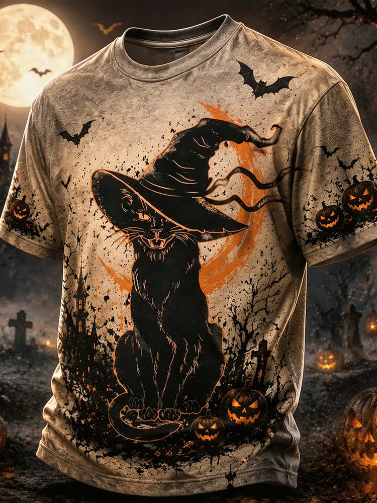 Vintage Distressed Halloween Witch Black Cat Eerie Pumpkin Bat Moon Print Short-sleeved T-shirt  artssus