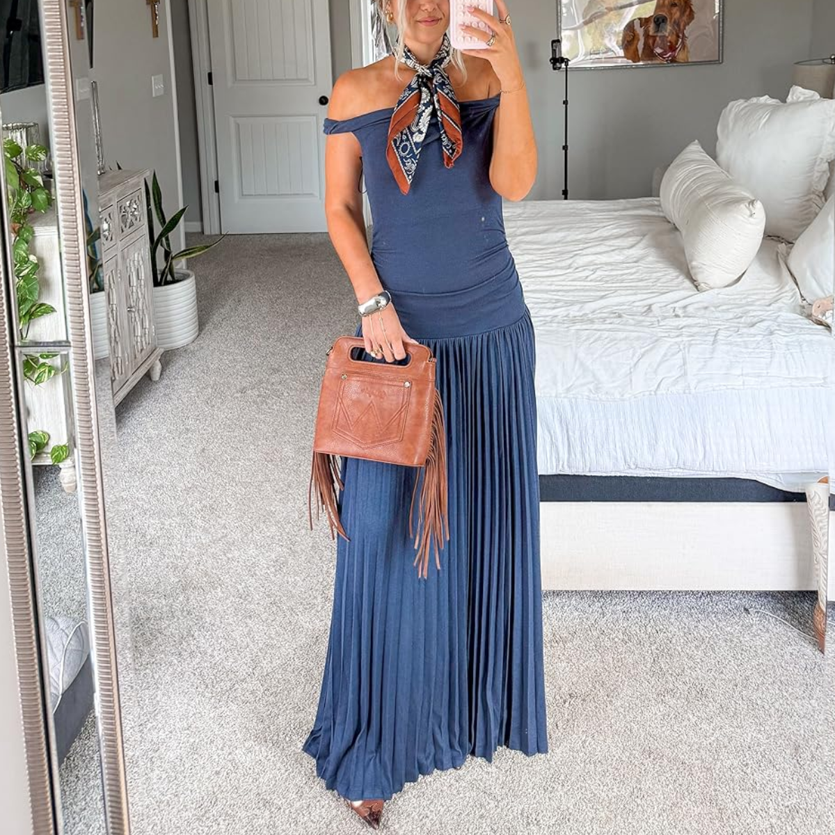 Elegant Blue Pleated Maxi Dress With Off-the-Shoulder Neckline