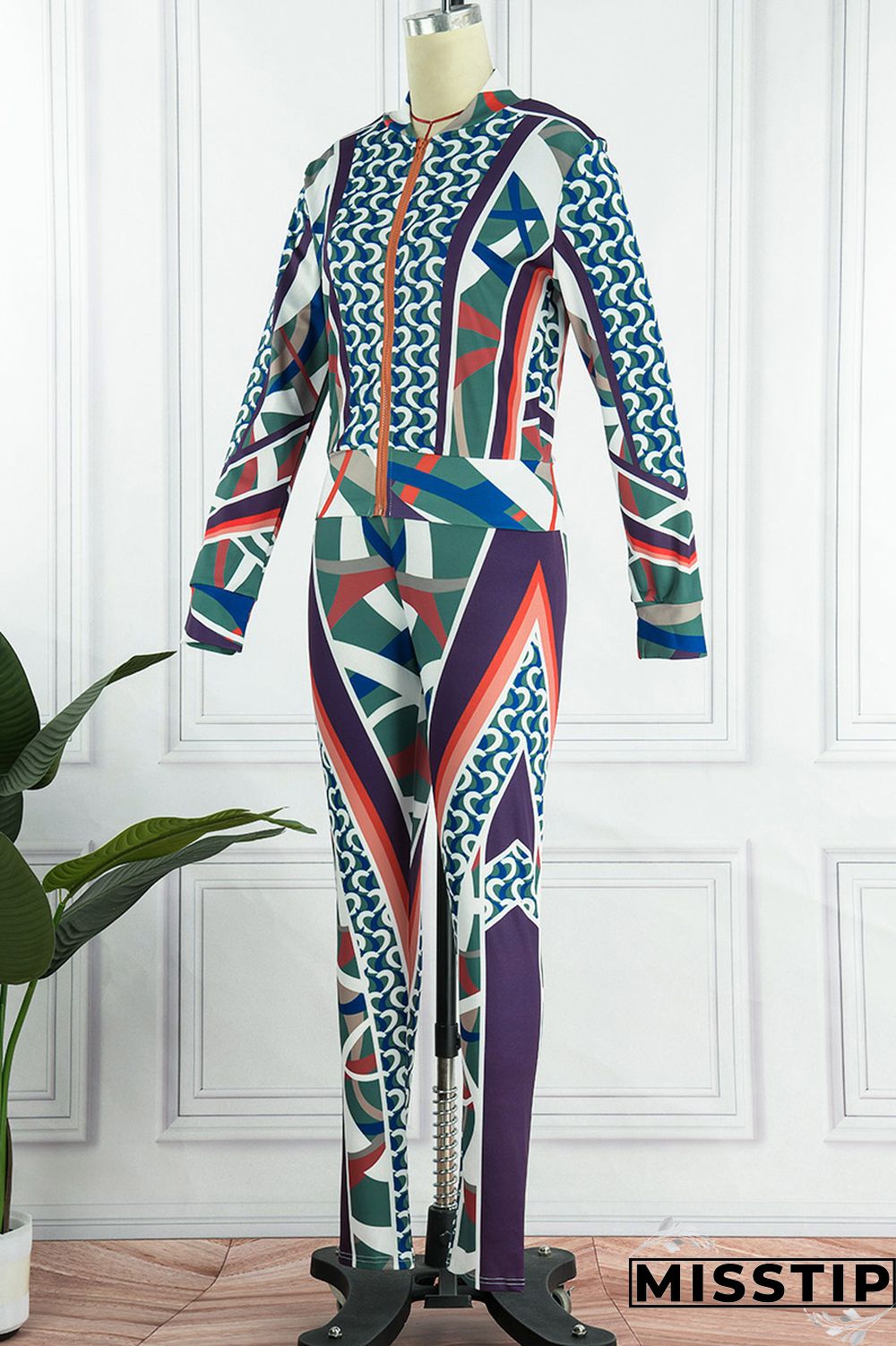 Black Casual Print Patchwork Zipper Collar Long Sleeve Two Pieces