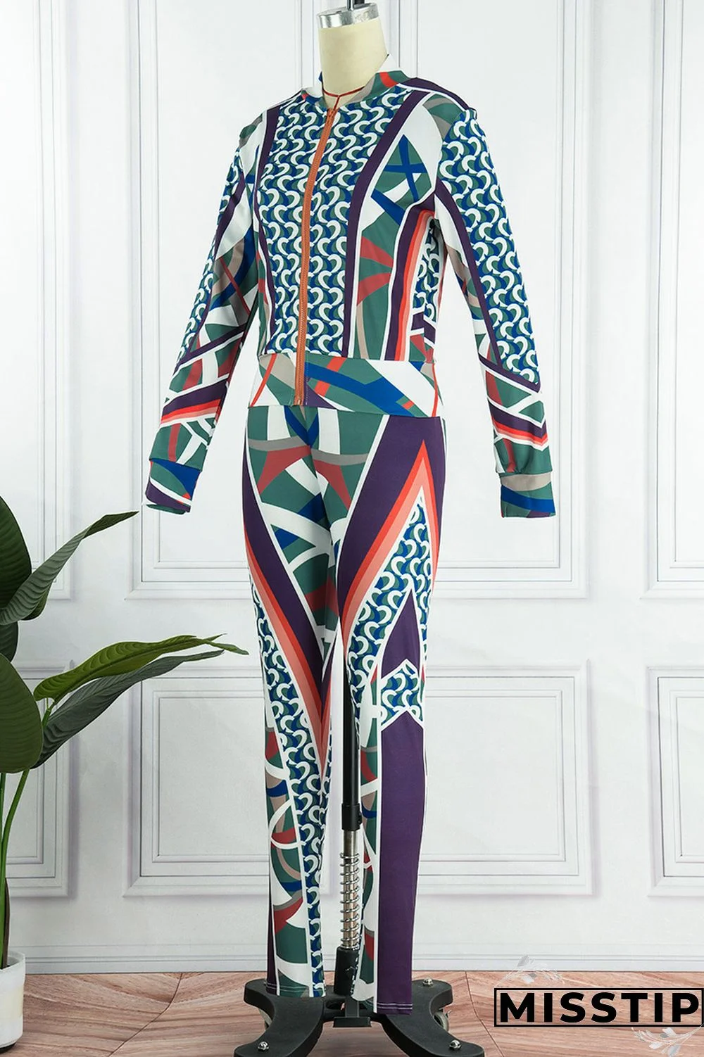 Black Casual Print Patchwork Zipper Collar Long Sleeve Two Pieces