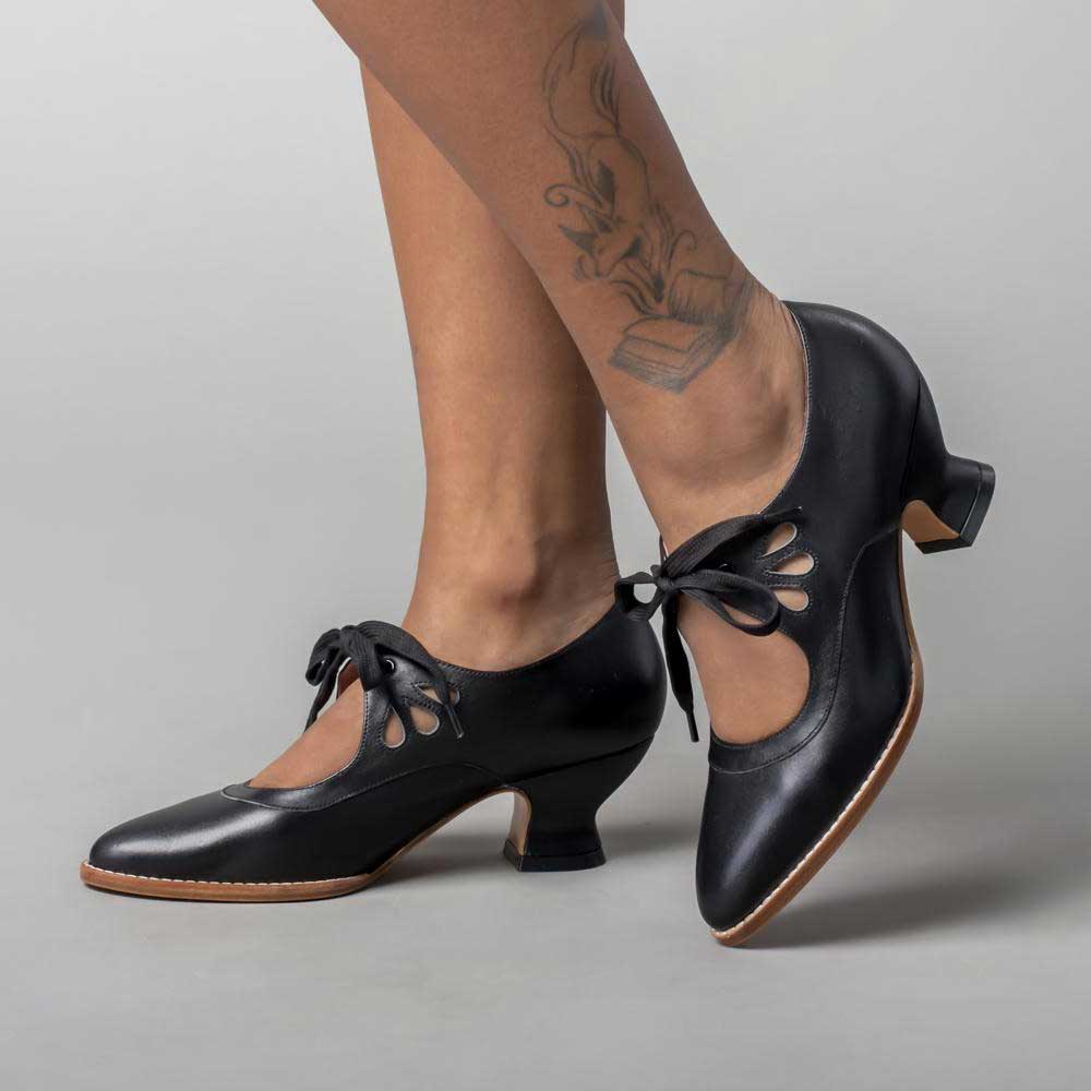 Black Vegan Leather Lace-Up Cut-Out Classy Shoes with Kitten Heel Nicepairs