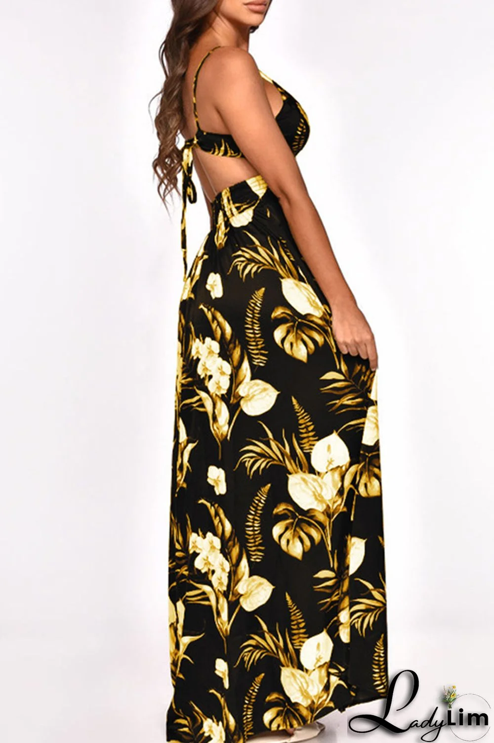 Burgundy Fashion Sexy Print Bandage Backless Slit Spaghetti Strap Long Dress Dresses