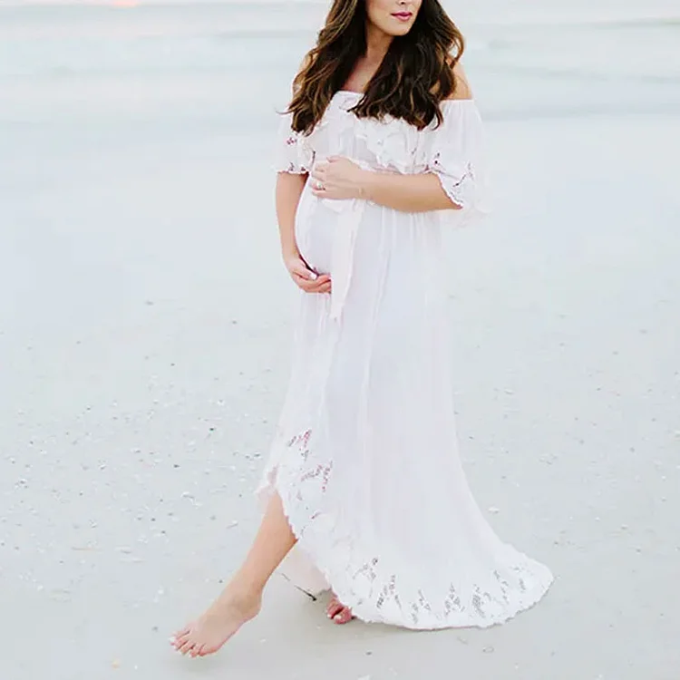 Maternity Solid White Lace Off Shoulder Photoshoot Dress