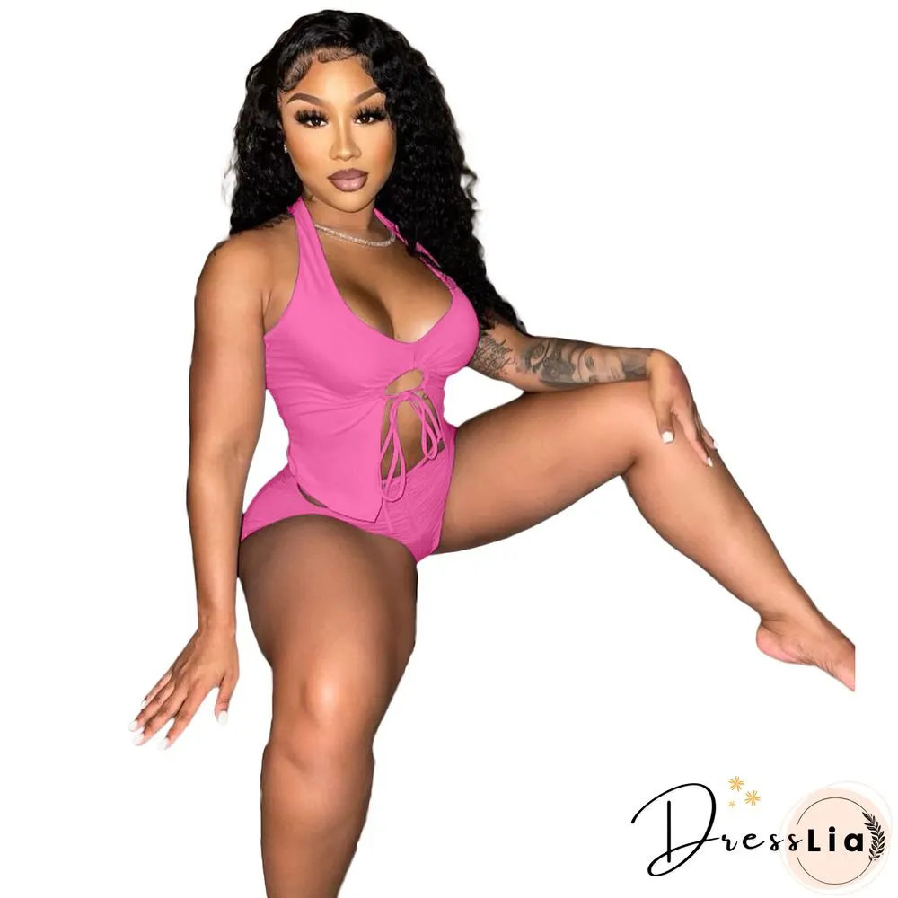 Summer Women Sexy Solid Color Irregular Hollow Out Sleeveless Halter Top Skinny Shorts Two Piece Suit