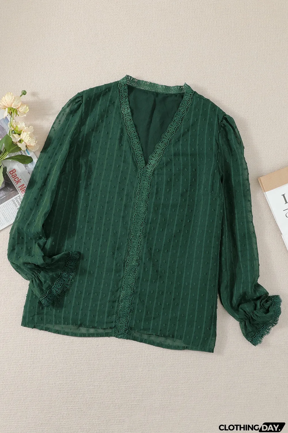 Elegant V-Neck Swiss Dot Lace Blouse