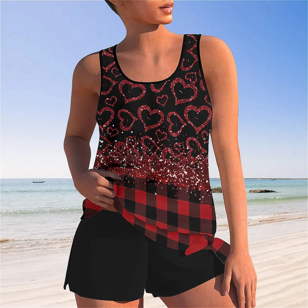Bowknot Heart,Love,Valentine's Day Mid Waisted Tankini Set - Plus Size Available