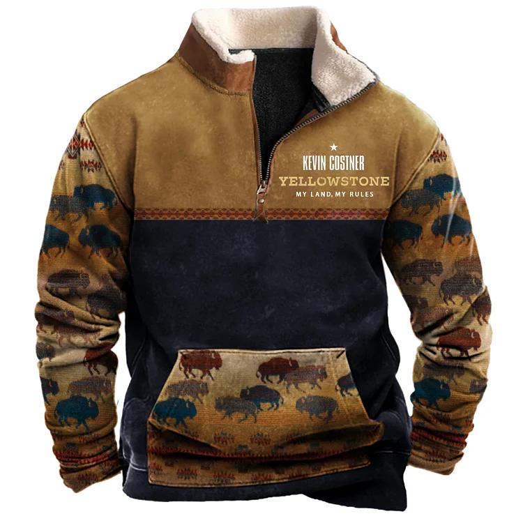 Men's Vintage Western "Kevin Costner Yellowstone My Land My Rules"Colorblock Zipper Stand Collar Sweatshirt