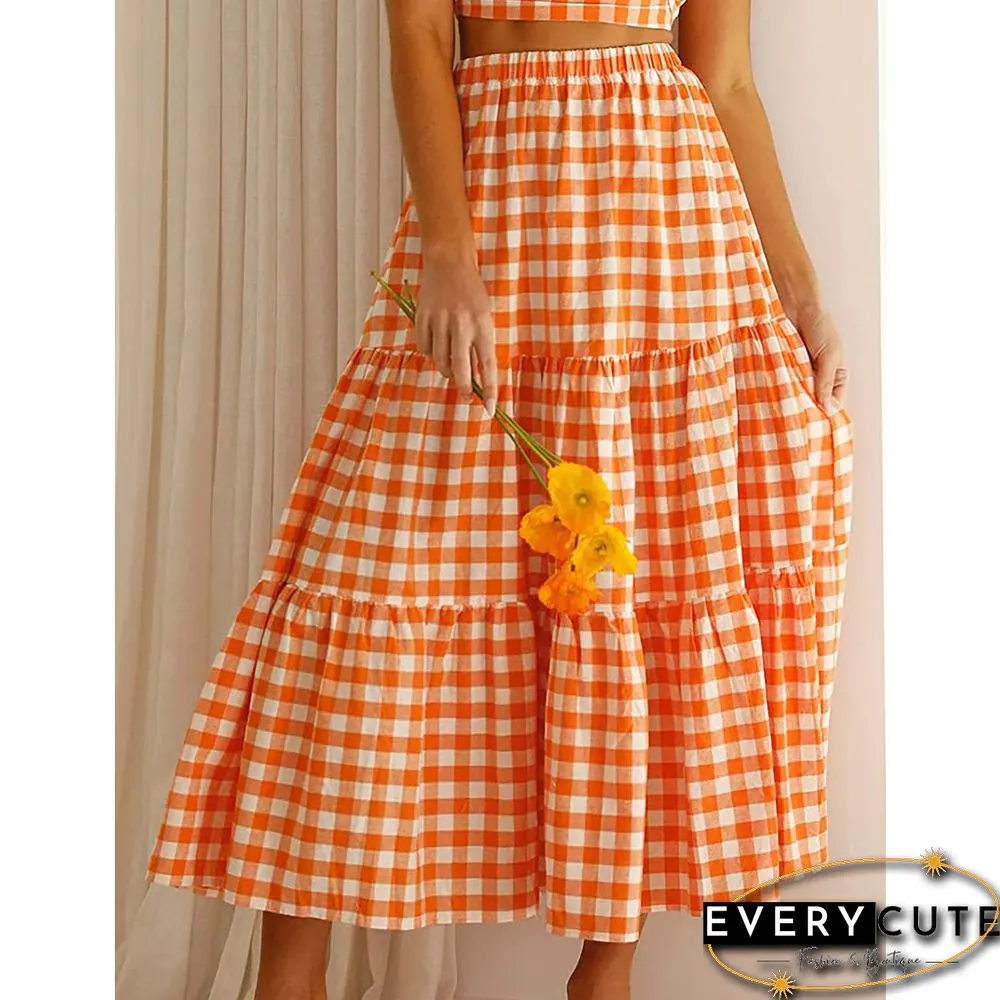 Orange Plaid Print Pocketed Maxi Skirt