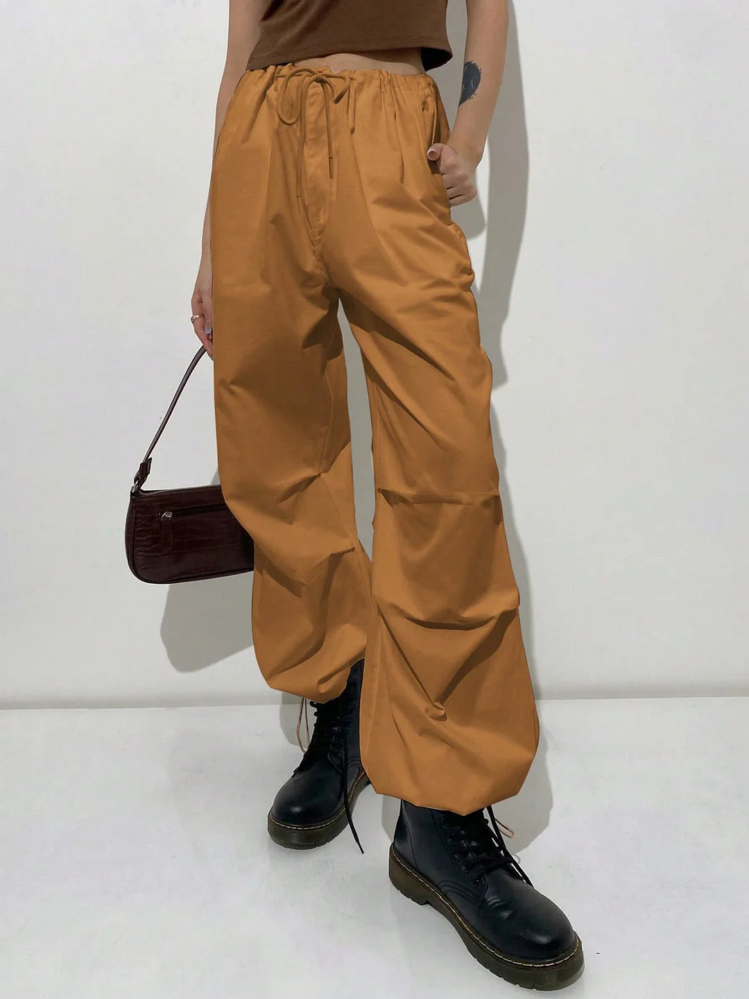 Solid Drawstring Waist Parachute Pants