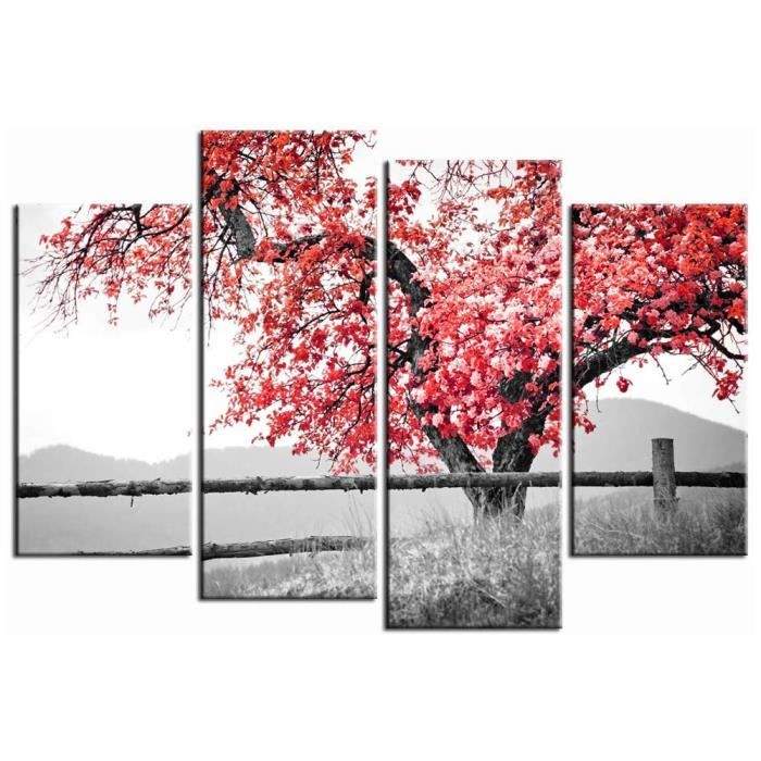 4 Piece Red Tree Canvas Wall Art Black and White Red Forest Landscape Picture Stretched and Framed For Home Office Decoration