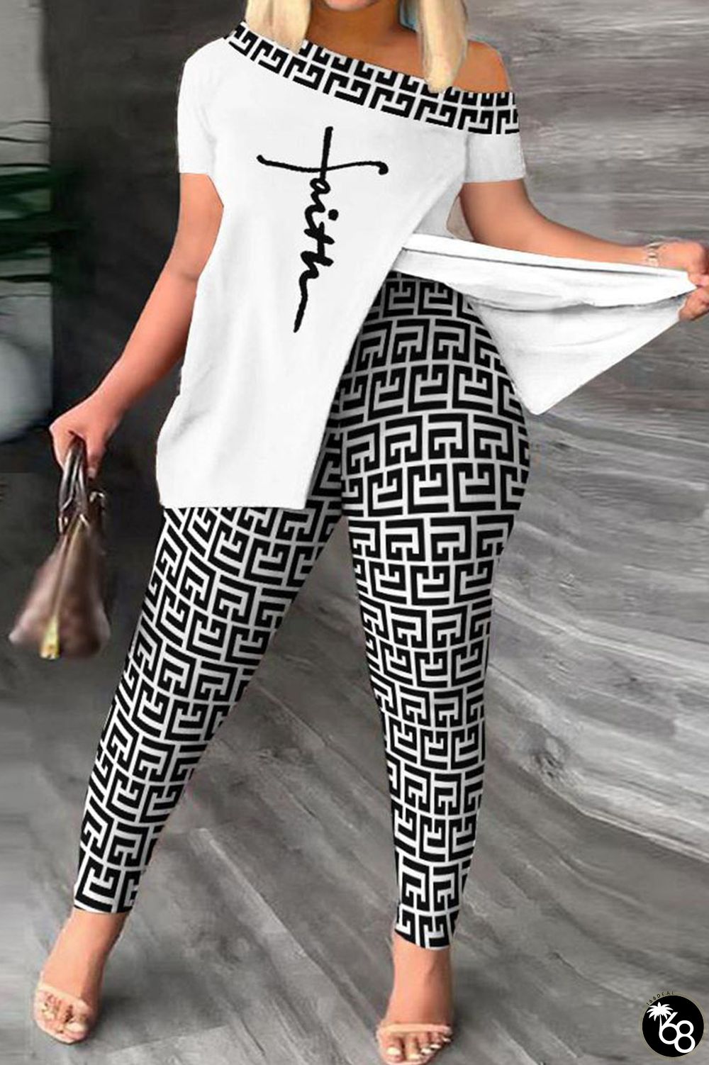 White Casual Print Patchwork Slit Oblique Collar Sleeveless Two Pieces | 168DEAL
