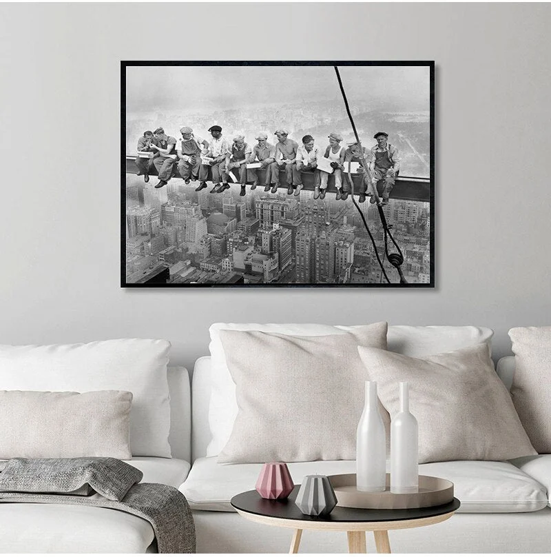 Vintage Canvas Painting  Home Decoration New York City View Lunch On a Skyscraper Wall Art Picture Black and White Poster