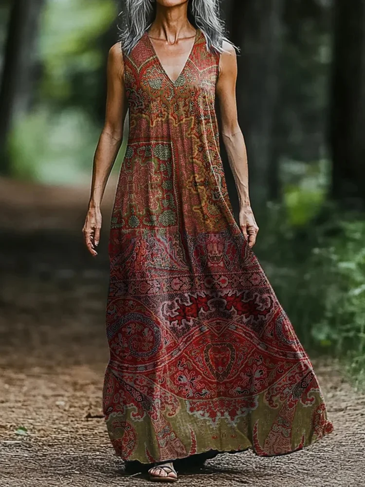 Wananle-Women's Vintage Western Ethnic Print V-neck Midi Dress