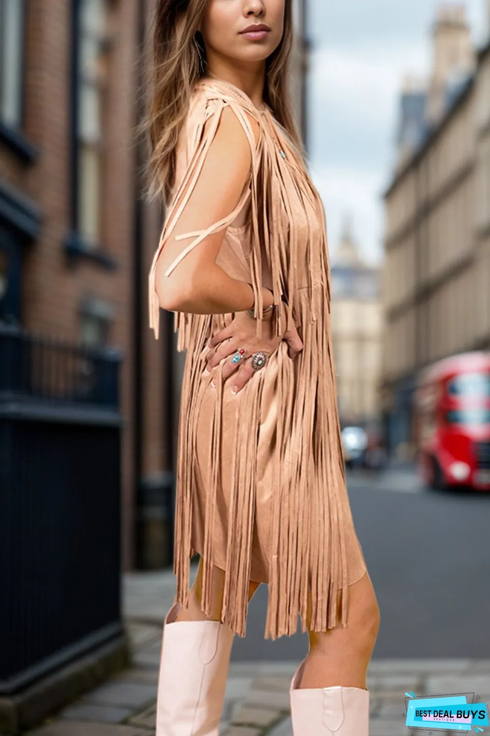 Full Size Fringe V-Neck Sleeveless Mini Dress