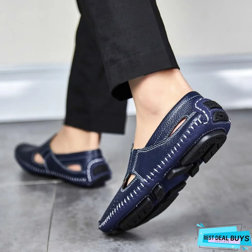 Men Leather Plus Size Sandals Casual Slip-On Summer Beach Shoes