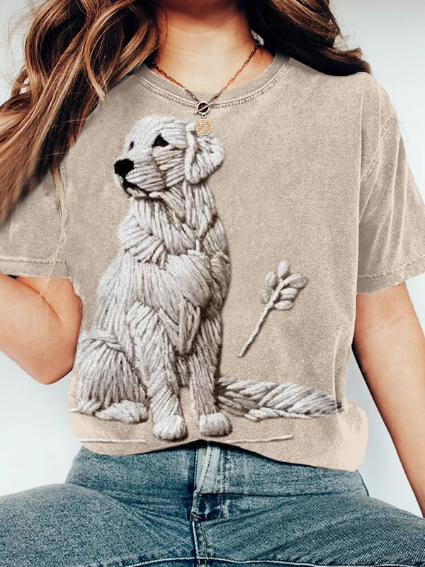 Women's Felt Woolen Crochet Dog Art Print Casual T-Shirt