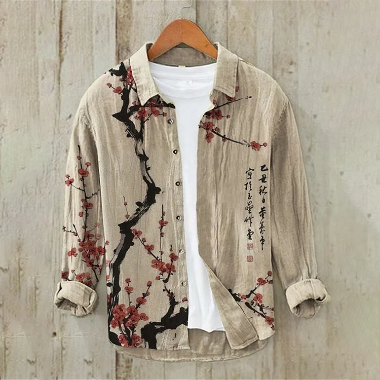 Men's Floral Ink Painting Vintage Cotton And Linen Shirt