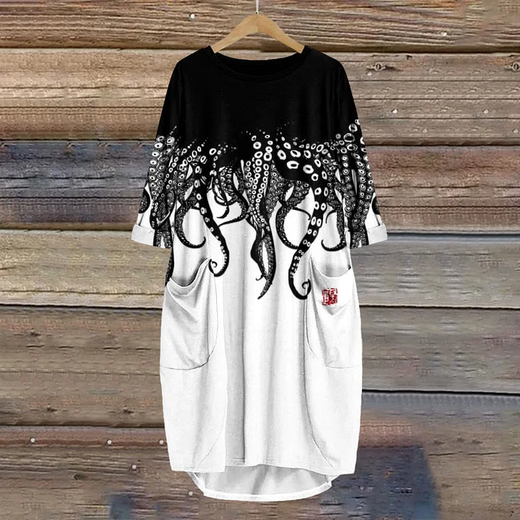 Women's Black Octopus Art Print Crew Neck Casual Dress