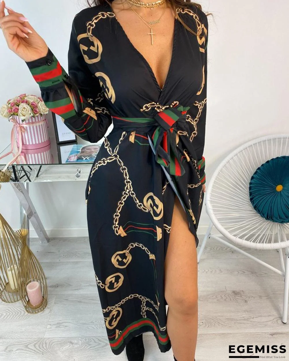 Long Sleeve Chain Baroque Print Dress Black Dresses | EGEMISS