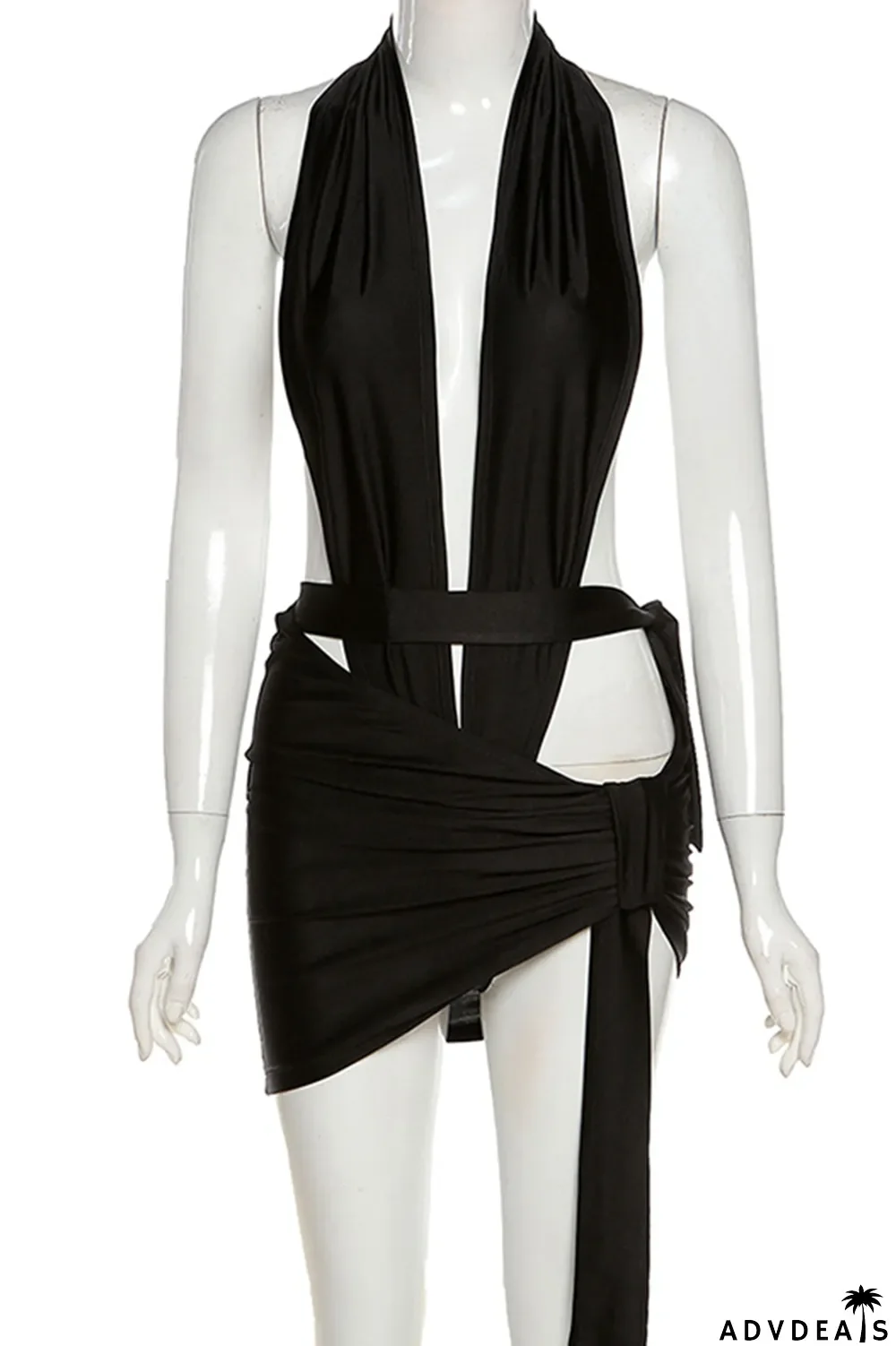 Black Sexy Solid Bandage Halter Sleeveless Two Pieces