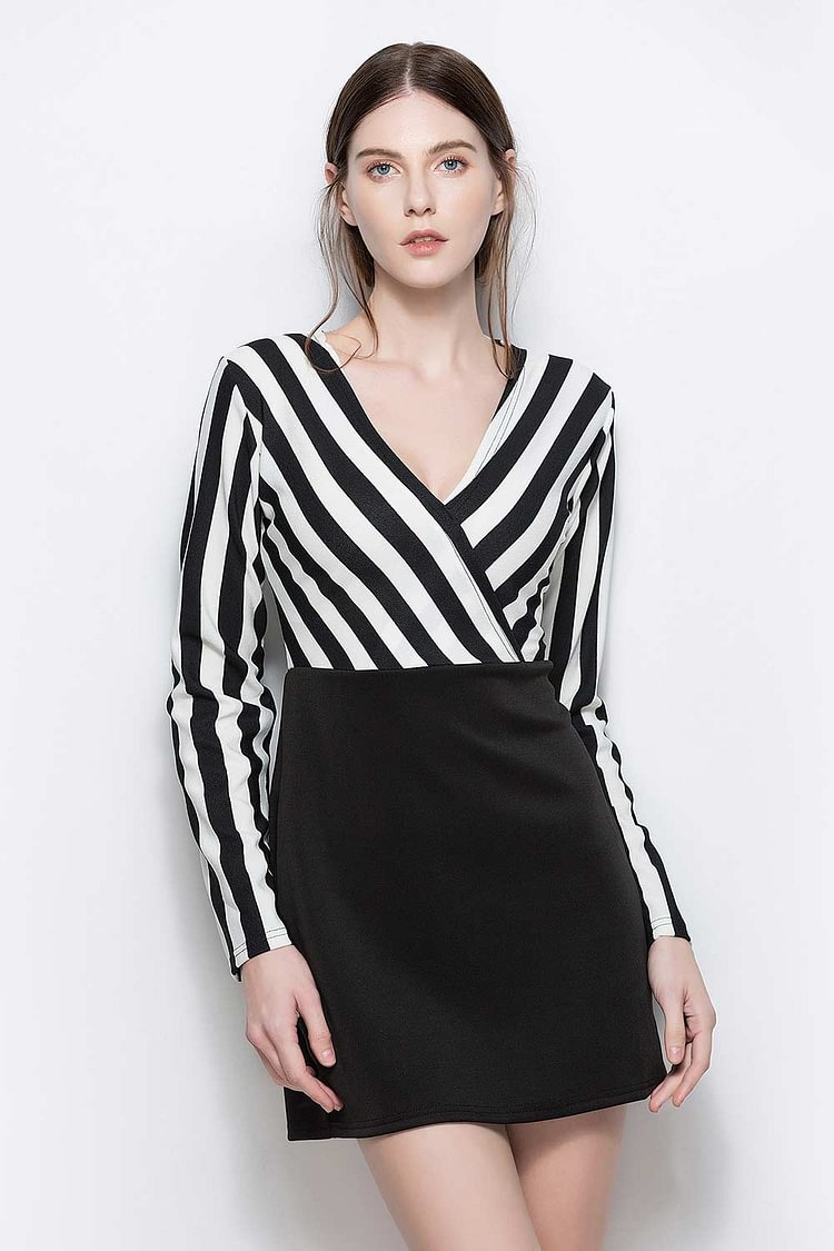V Neck Striped Long Sleeve Short Dress - BlackFridayBuys