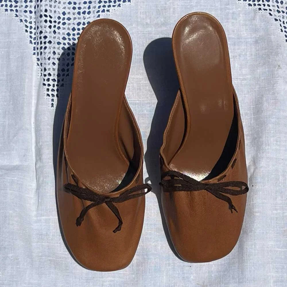 Brown Faux Leather Square Toe Wedge Heel Mules for Women with Bow