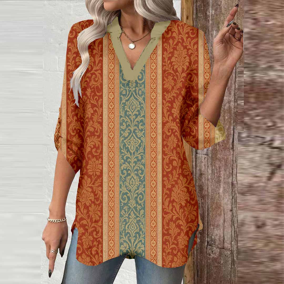Women Bohemian,Orange,Blue DZGA0291 3/4 Sleeve V-neck Printed Graphic Button Tops