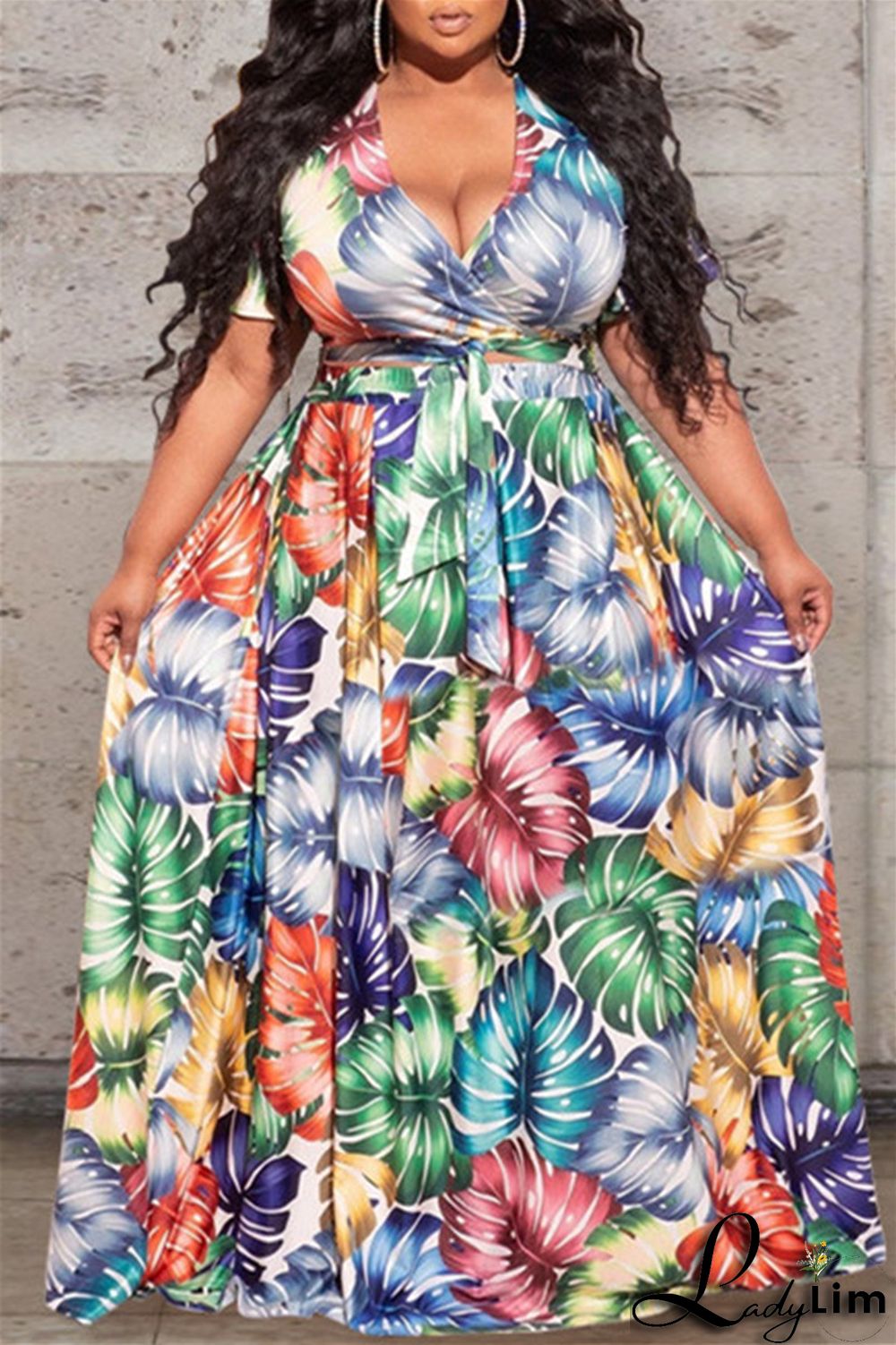 Earth Yellow Fashion Casual Print Bandage V Neck Plus Size Two Pieces