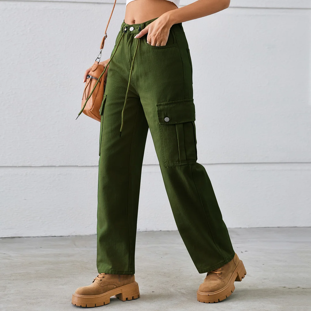 Women's Drawstring Adjustable Washable Workwear Denim Pants Long Cargo Pants
