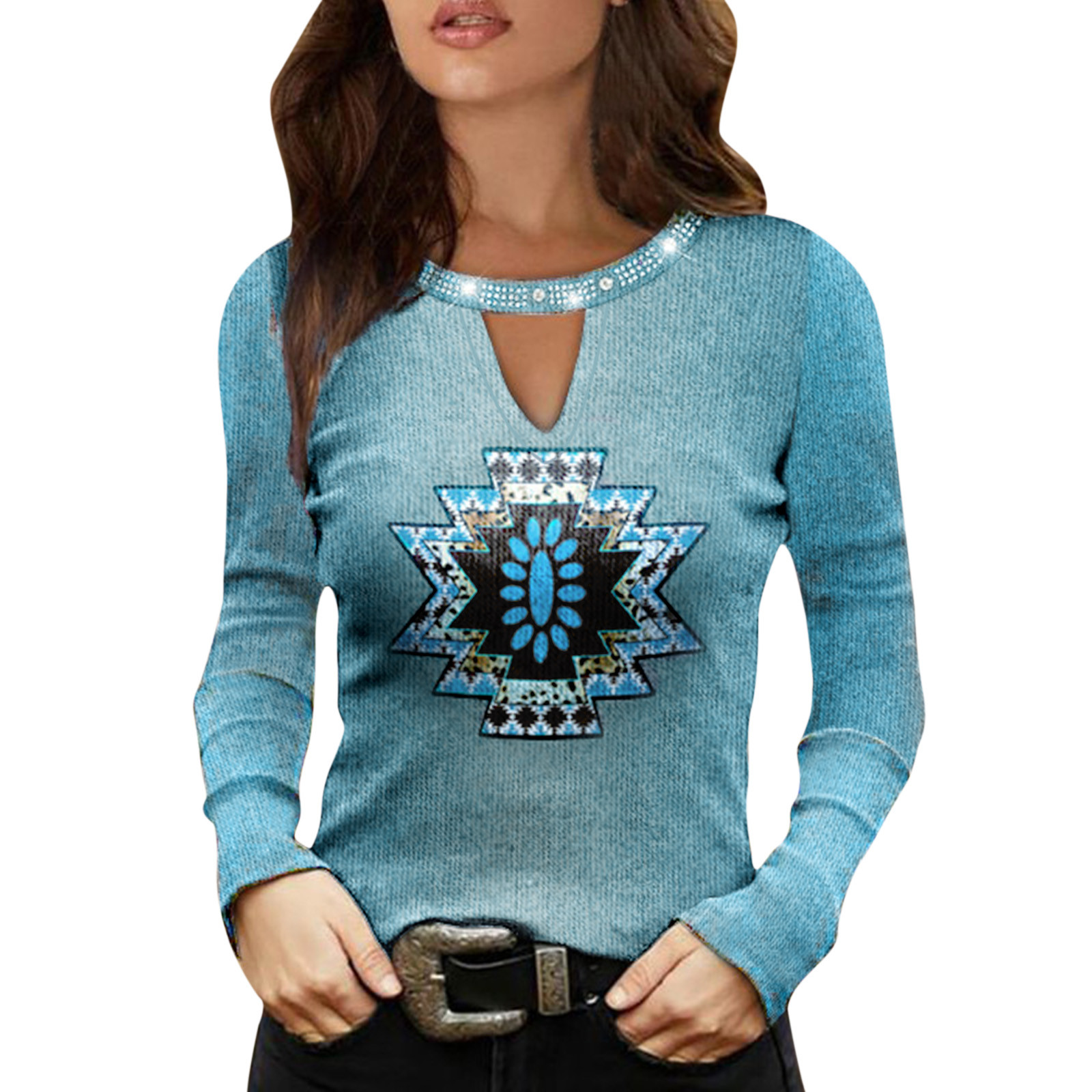 Fashion O Neck Long Sleeve Sexy Casual Loose Cutout Vintage Blouses