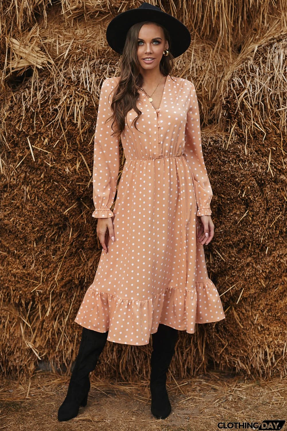 Apricot Button Polka Dot High Slit Ruffled Long Sleeve Midi Dress
